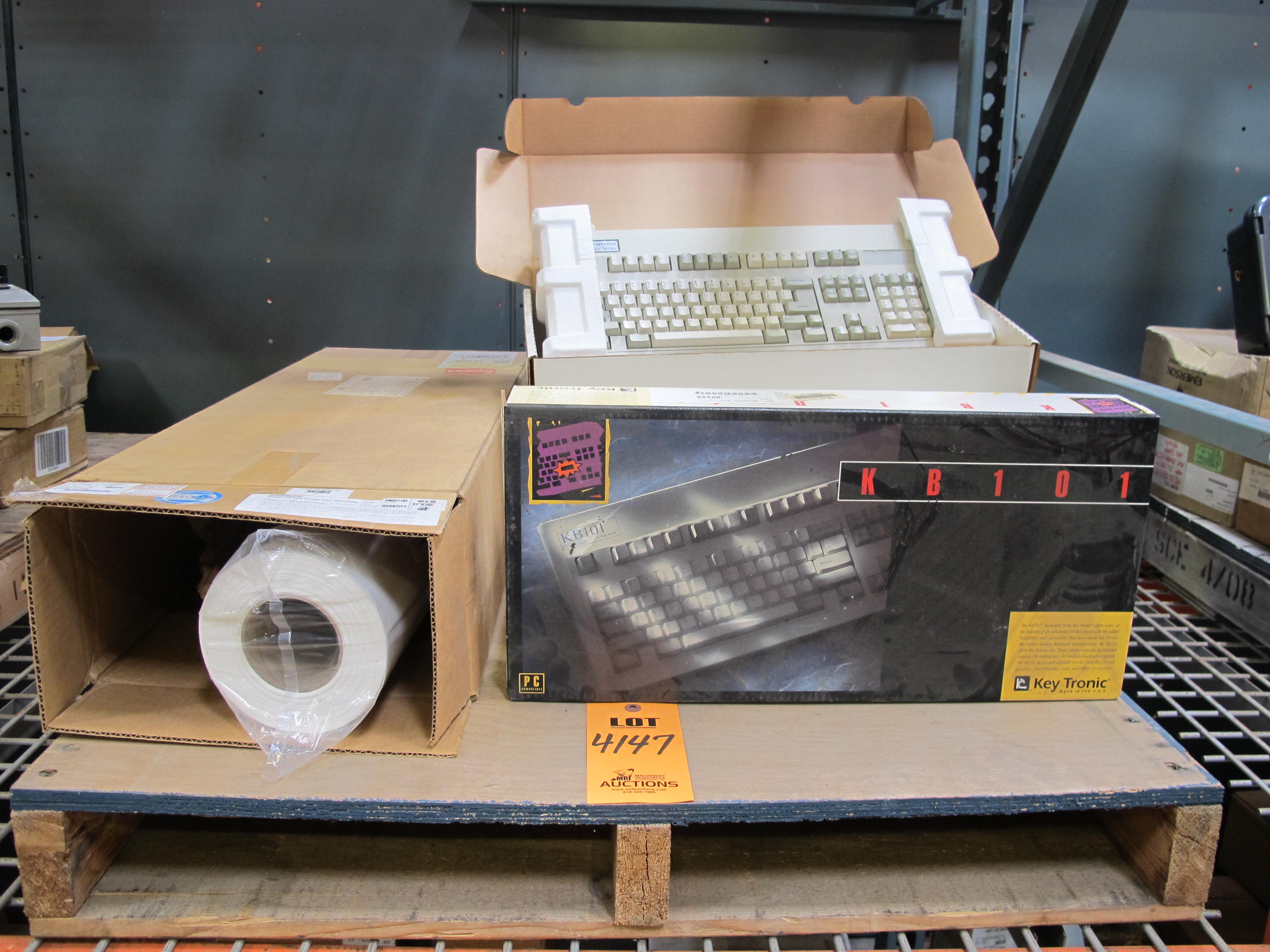 LOT TO INCLUDE: (5) KEYBOARDS, SWITCH SELECTABLE KIND. KEYTRONICS KB101 PROFESSIONAL SERIES, (2) KEYBOARDS, GRI KEYBOARD KIND. 78 KEYS,110VAC OPTION, BLACK KEYCAPS SERIAL RS232 AND 20MA CURRENT LOOP (1) PAPER, 31" X 165'L ROLL SIZE, DISSOLVO WATER SOLUBLE WLD-60 PURGE DAM. LOADING & HANDLING FEE $15-4147